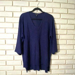 EILLEEN FISHER Navy Linen Organic Cotton V-neck Sweater